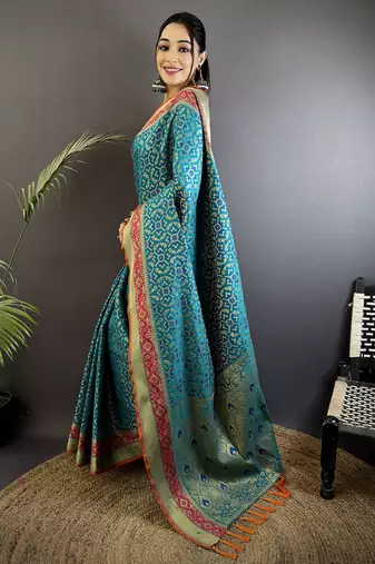 aqua blue soft silk blend zari weaving patola saree