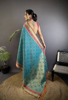 aqua blue soft silk blend zari weaving patola saree 3