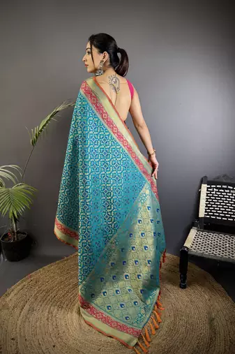 aqua blue soft silk blend zari weaving patola saree