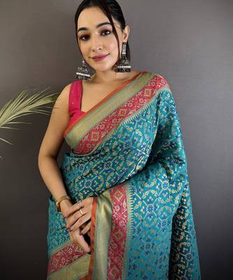 aqua blue soft silk blend zari weaving patola saree 4