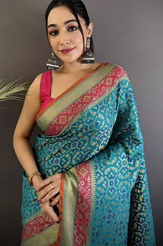 aqua blue soft silk blend zari weaving patola saree