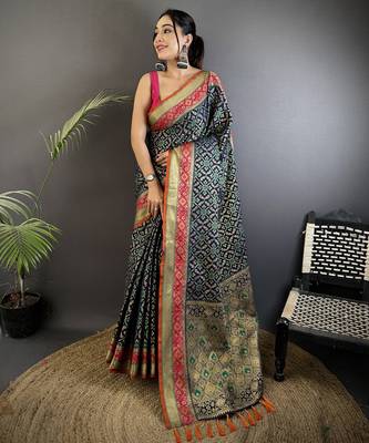 navy blue soft silk blend zari weaving patola saree 1