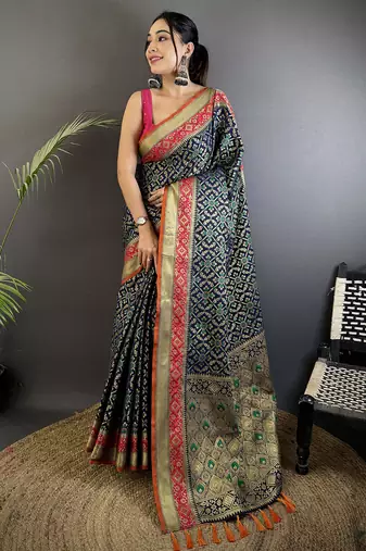 navy blue soft silk blend zari weaving patola saree
