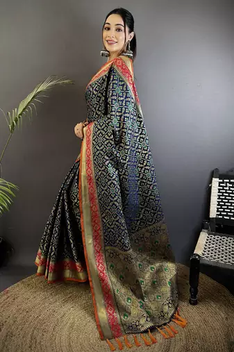 navy blue soft silk blend zari weaving patola saree