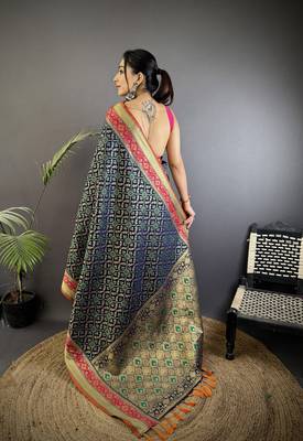 navy blue soft silk blend zari weaving patola saree 3