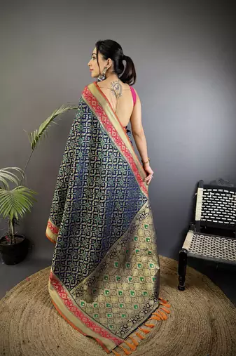 navy blue soft silk blend zari weaving patola saree