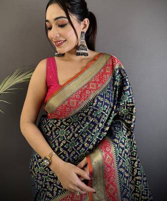 navy blue soft silk blend zari weaving patola saree 4