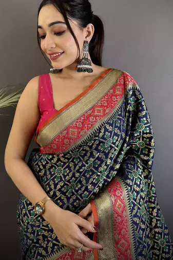 navy blue soft silk blend zari weaving patola saree