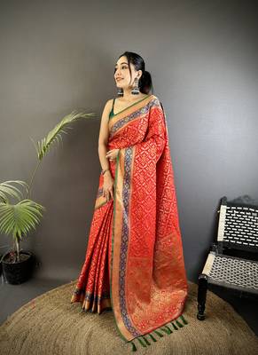 red soft silk blend zari weaving patola saree 1