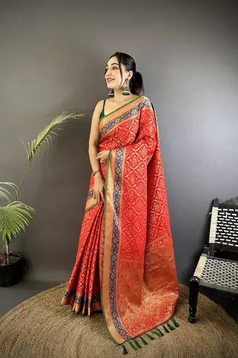 red soft silk blend zari weaving patola saree