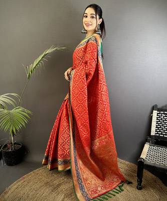 red soft silk blend zari weaving patola saree 2