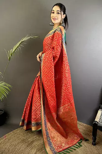 red soft silk blend zari weaving patola saree