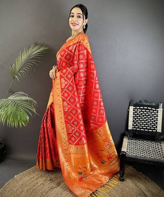 red soft silk blend zari weaving patola saree 3