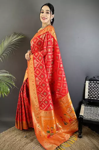 red soft silk blend zari weaving patola saree