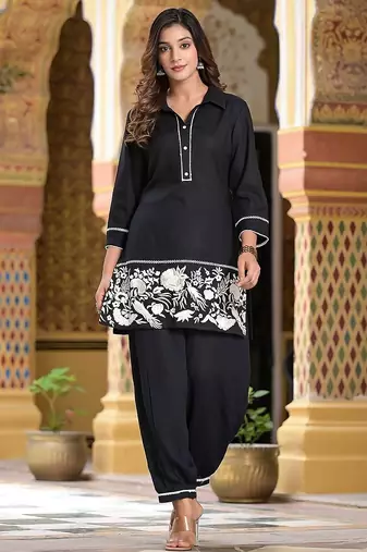 Floral embroidered black collar neck  rayon co-ord set