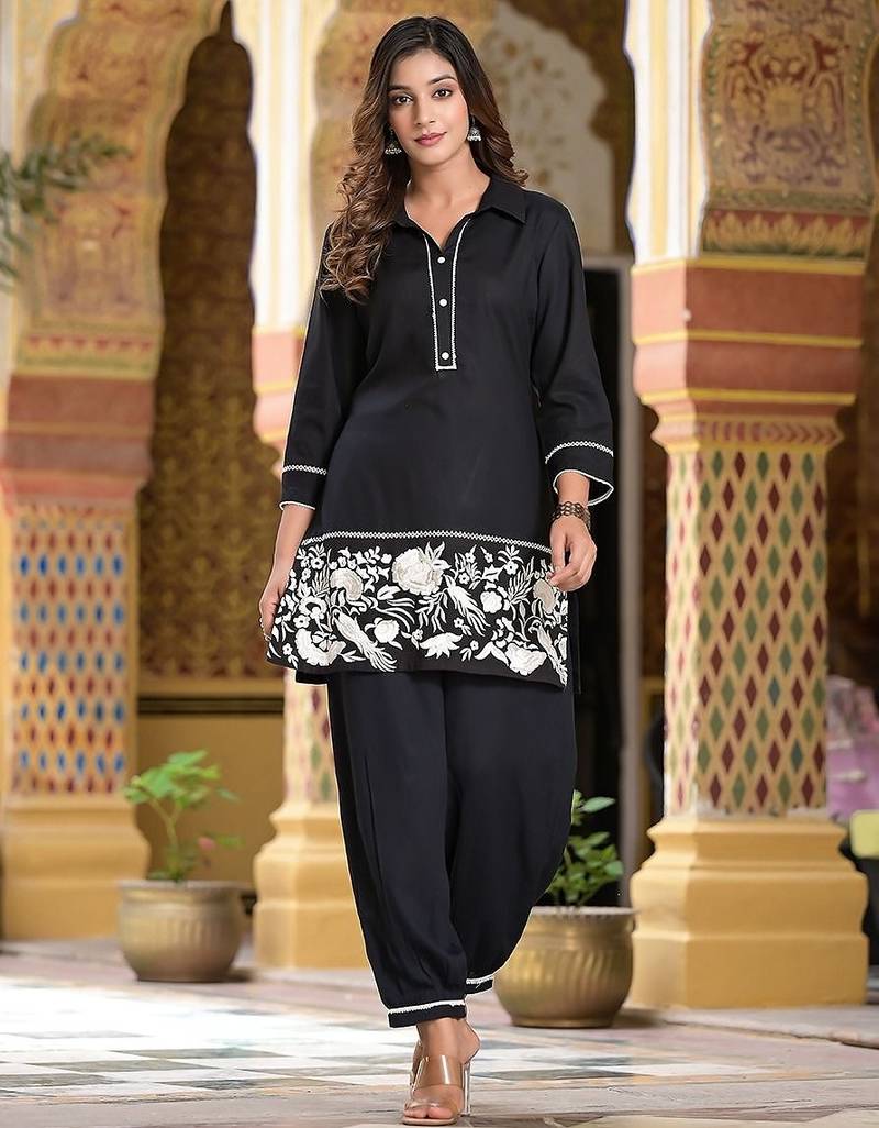Floral embroidered black collar neck  rayon co-ord set