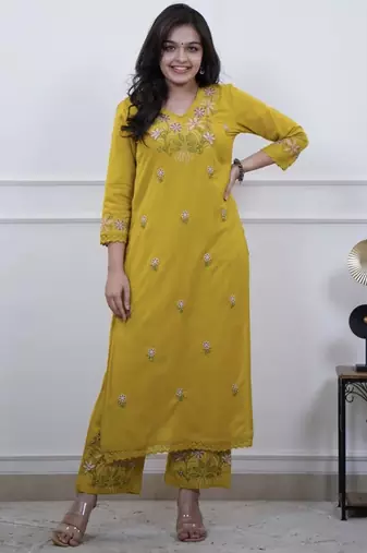 Floral embroidered yellow v neck cotton kurta set with trouser