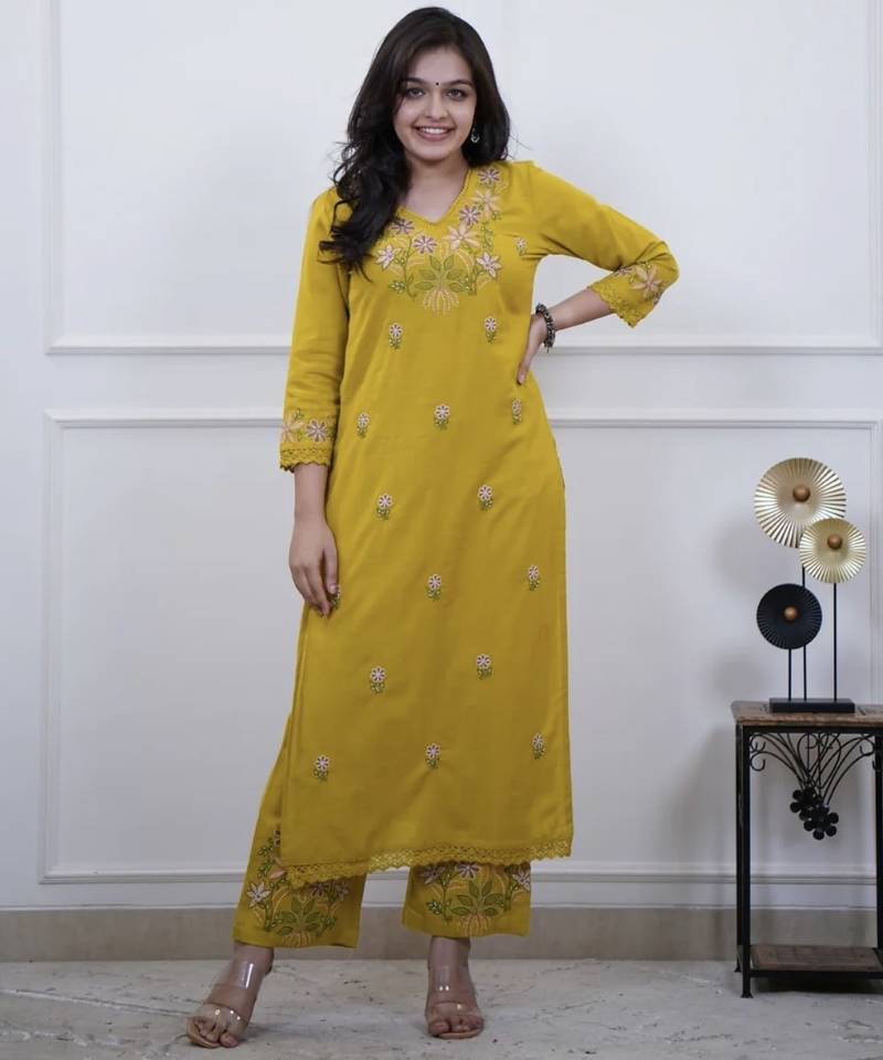 Floral embroidered yellow v neck cotton kurta set with trouser