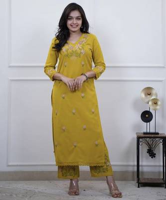 Floral embroidered yellow v neck cotton kurta set with trouser 2