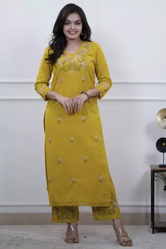 Floral embroidered yellow v neck cotton kurta set with trouser