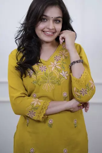 Floral embroidered yellow v neck cotton kurta set with trouser