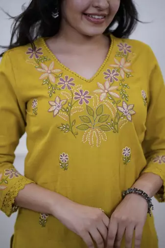 Floral embroidered yellow v neck cotton kurta set with trouser