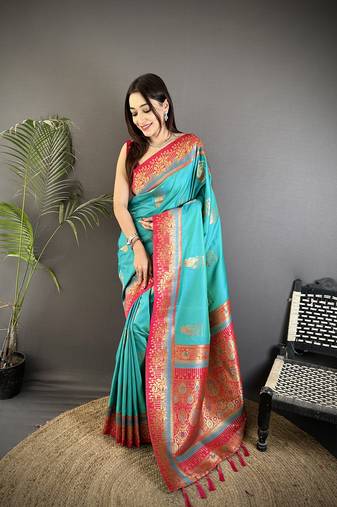 aqua green soft silk blend dual zari peacock butta worked banarasi saree 