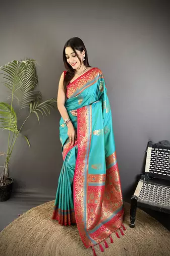 aqua green soft silk blend dual zari peacock butta worked banarasi saree 