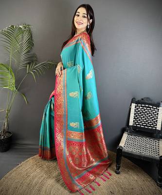 aqua green soft silk blend dual zari peacock butta worked banarasi saree  2