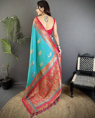 aqua green soft silk blend dual zari peacock butta worked banarasi saree  3