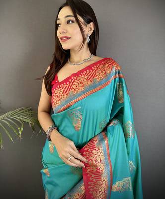 aqua green soft silk blend dual zari peacock butta worked banarasi saree  4