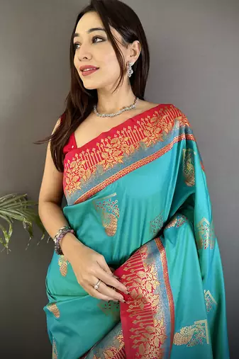aqua green soft silk blend dual zari peacock butta worked banarasi saree 