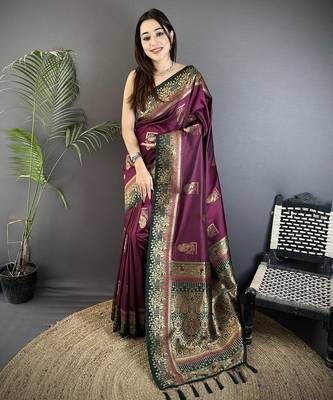 maroon soft silk blend dual zari peacock butta worked banarasi saree  1