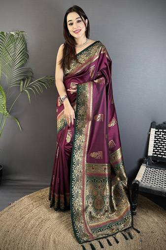 maroon soft silk blend dual zari peacock butta worked banarasi saree 