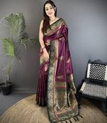 maroon soft silk blend dual zari peacock butta worked banarasi saree 