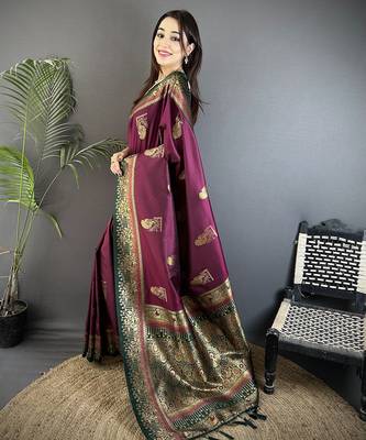 maroon soft silk blend dual zari peacock butta worked banarasi saree  2