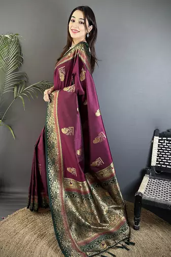 maroon soft silk blend dual zari peacock butta worked banarasi saree 