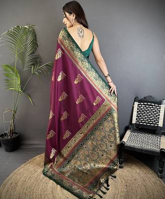 maroon soft silk blend dual zari peacock butta worked banarasi saree  3