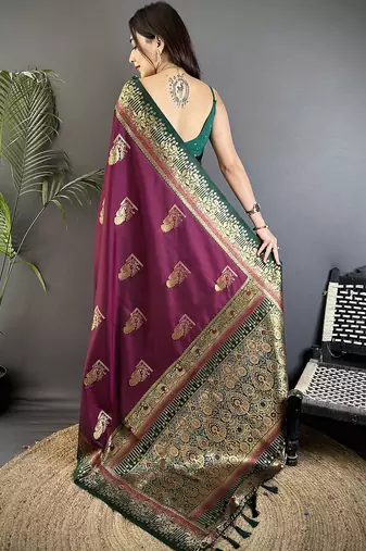 maroon soft silk blend dual zari peacock butta worked banarasi saree 