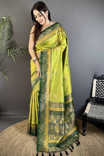 light green soft silk blend dual zari peacock butta worked banarasi saree 