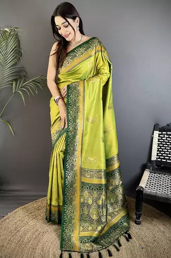 light green soft silk blend dual zari peacock butta worked banarasi saree 