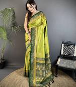 light green soft silk blend dual zari peacock butta worked banarasi saree 