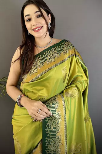 light green soft silk blend dual zari peacock butta worked banarasi saree 