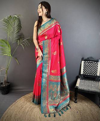 hot pink soft silk blend dual zari peacock butta worked banarasi saree  1