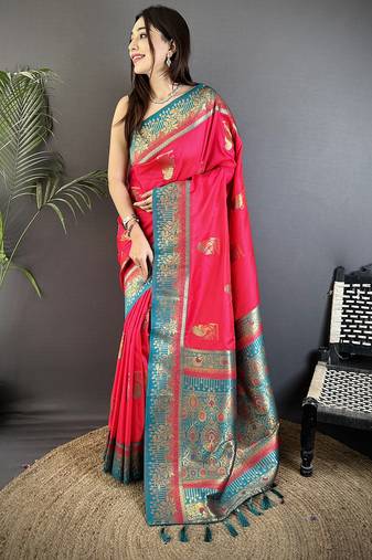 hot pink soft silk blend dual zari peacock butta worked banarasi saree 