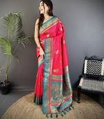 hot pink soft silk blend dual zari peacock butta worked banarasi saree 