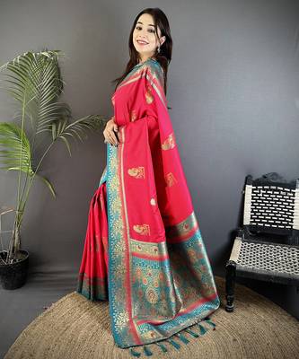 hot pink soft silk blend dual zari peacock butta worked banarasi saree  2