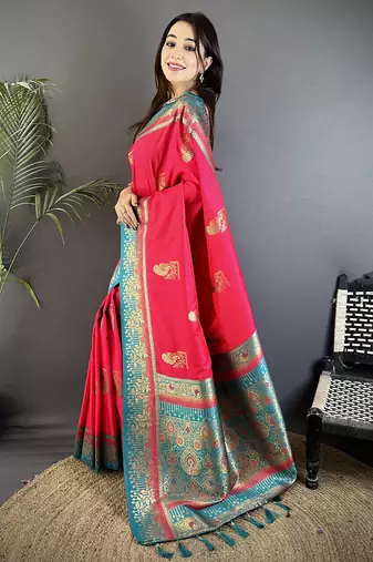 hot pink soft silk blend dual zari peacock butta worked banarasi saree 