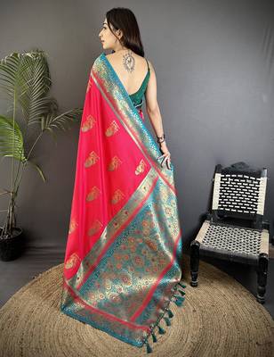 hot pink soft silk blend dual zari peacock butta worked banarasi saree  3