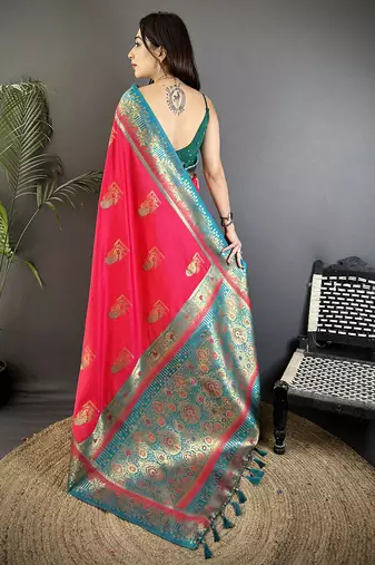 hot pink soft silk blend dual zari peacock butta worked banarasi saree 